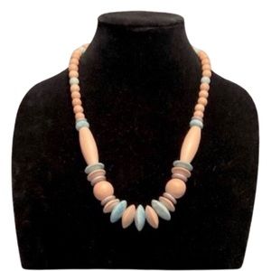 Vintage 1980’s Beaded Wood Necklace. Blue and Beige Natural Wood Beads. …